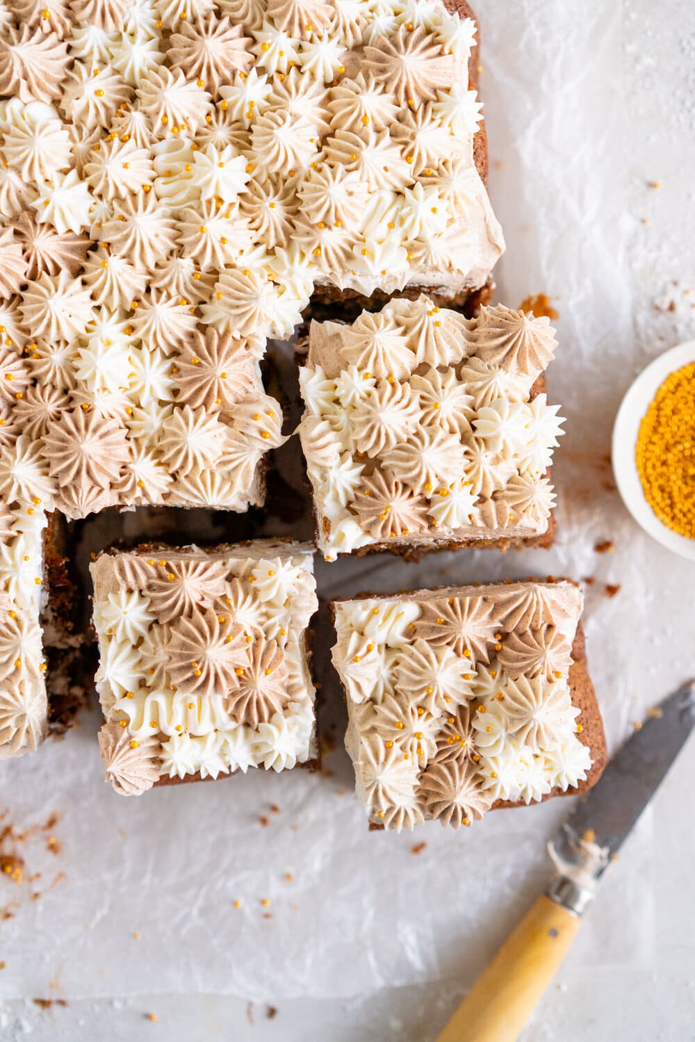 Apple Snack Cake with Ombre Walnut Praline Swiss Meringue Buttercream - a tender wholemeal apple cake is topped with swirls of buttercream made with swiss meringue buttercream flavoured with a nutty walnut praline