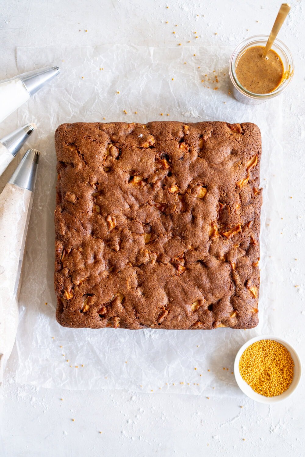 Apple Snack Cake with Ombre Walnut Praline Swiss Meringue Buttercream - a tender wholemeal apple cake is topped with swirls of buttercream made with swiss meringue buttercream flavoured with a nutty walnut praline