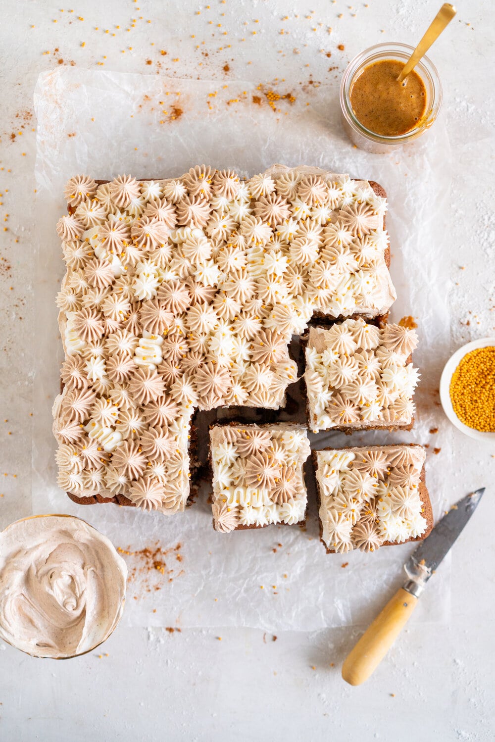 Apple Snack Cake with Ombre Walnut Praline Swiss Meringue Buttercream - a tender wholemeal apple cake is topped with swirls of buttercream made with swiss meringue buttercream flavoured with a nutty walnut praline