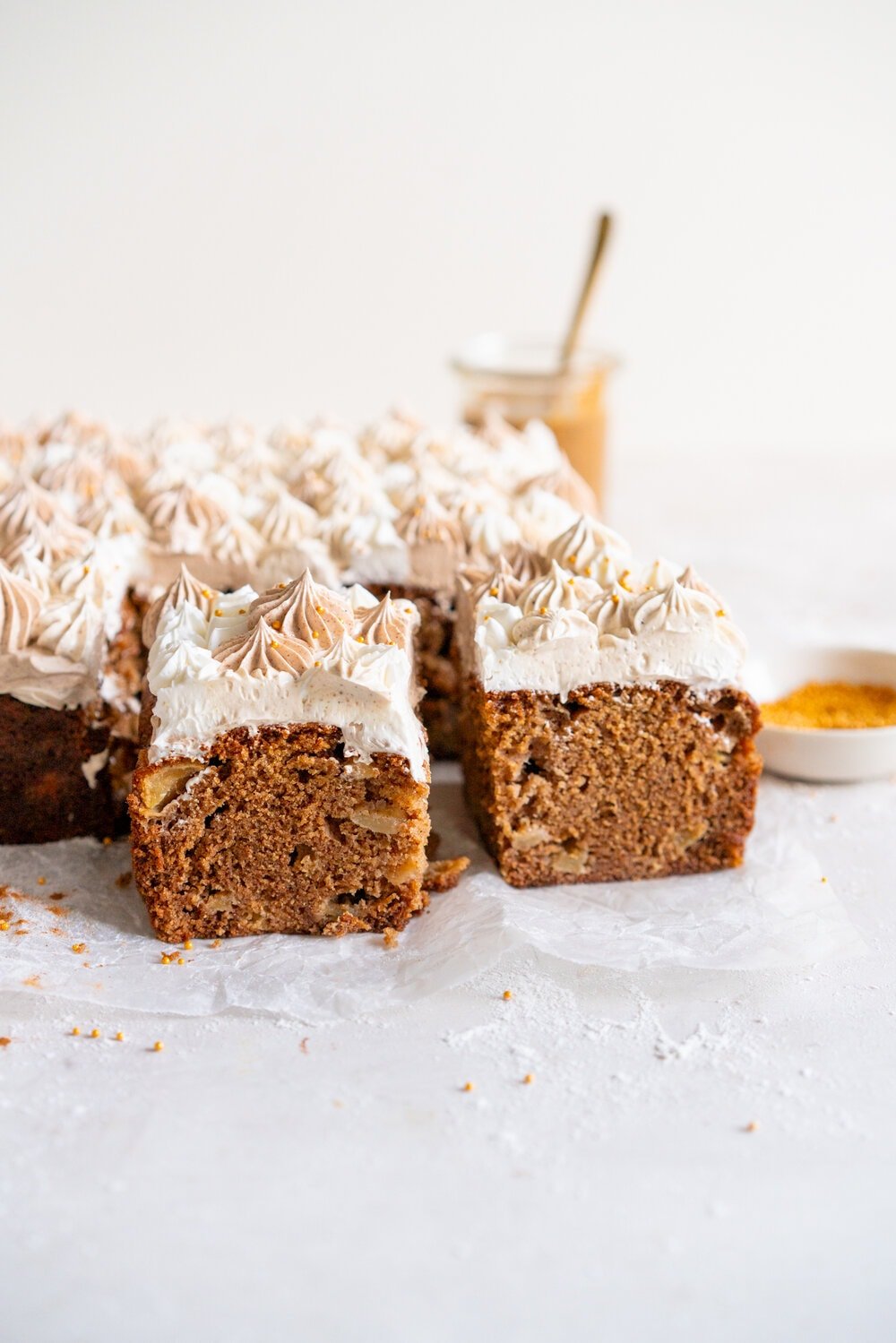 Apple Snack Cake with Ombre Walnut Praline Swiss Meringue Buttercream - a tender wholemeal apple cake is topped with swirls of buttercream made with swiss meringue buttercream flavoured with a nutty walnut praline