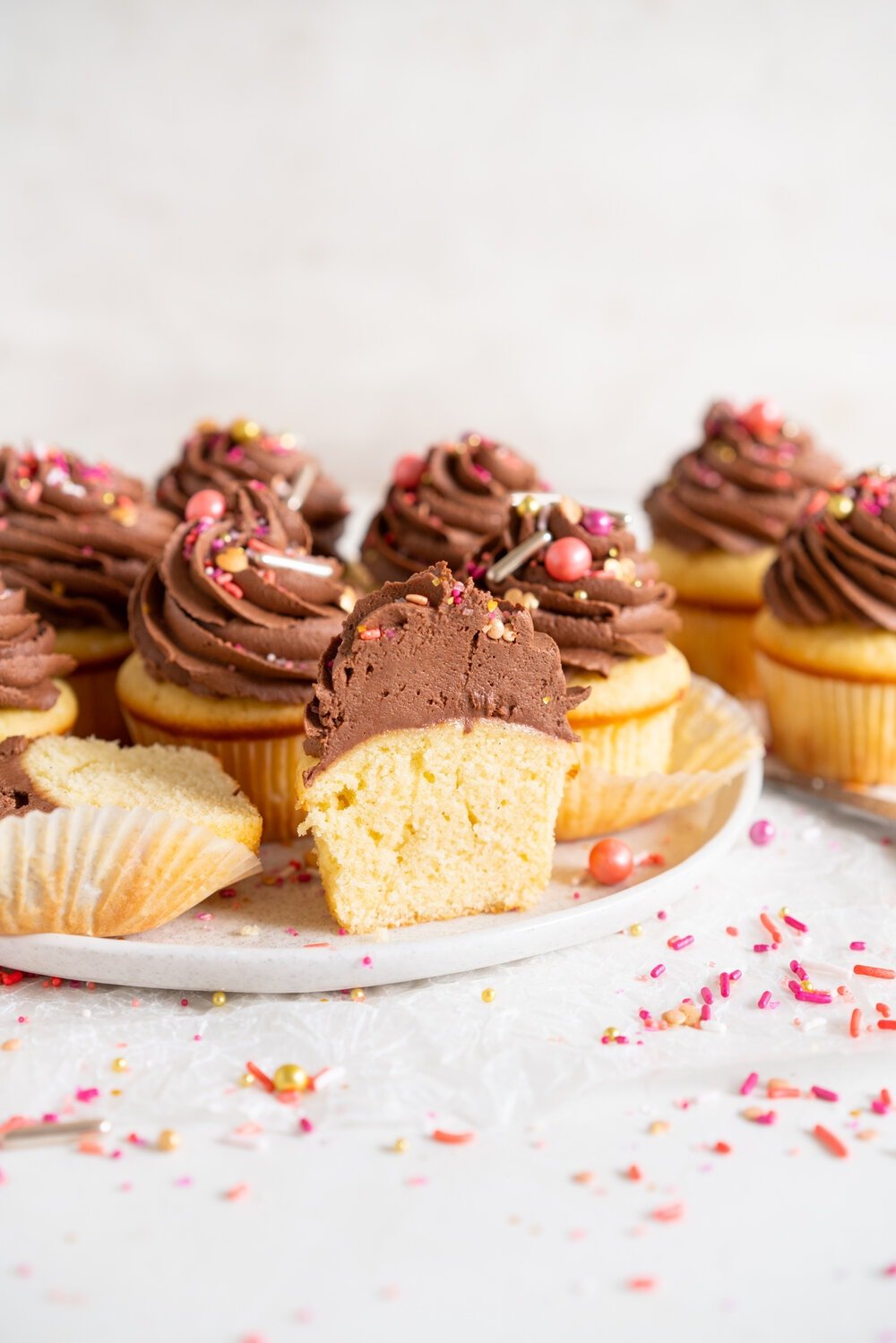 Vanilla Bean Cupcakes with Chocolate Peanut Butter Buttercream. These easy, fluffy Vanilla Bean Cupcakes are topped with a swirl of chocolate peanut butter American Buttercream and finished with a healthy dose of sprinkles. Mix and match your cupcake and buttercream recipes to make your own cupcake and frosting combinations.