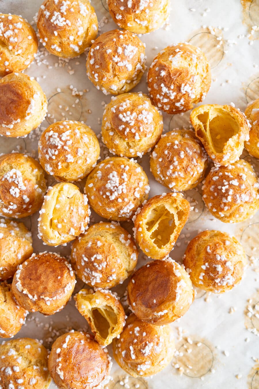 Brown Butter Chouquettes. Chouquettes are little choux pastry bites, piped into rounds and finished with pearl sugar before being baked to golden perfection. Choux is easy to make and is easy to freeze, making these the perfect treat. Brown butter choux has a delicious depth of flavour and is a perfect easy twist on a classic.