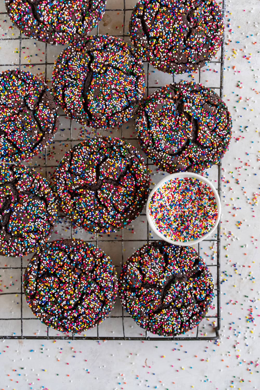 Chocolate Sprinkle Sugar Cookies. These chocolate sugar cookies are thin and chewy, and rolled in sprinkles instead of the traditional sugar, which gives them a perfect crunch and super cute rainbow sprinkle finish. These are similar to crinkle cookies, but the sprinkle coating makes them extra cute, and they are so easy to make!