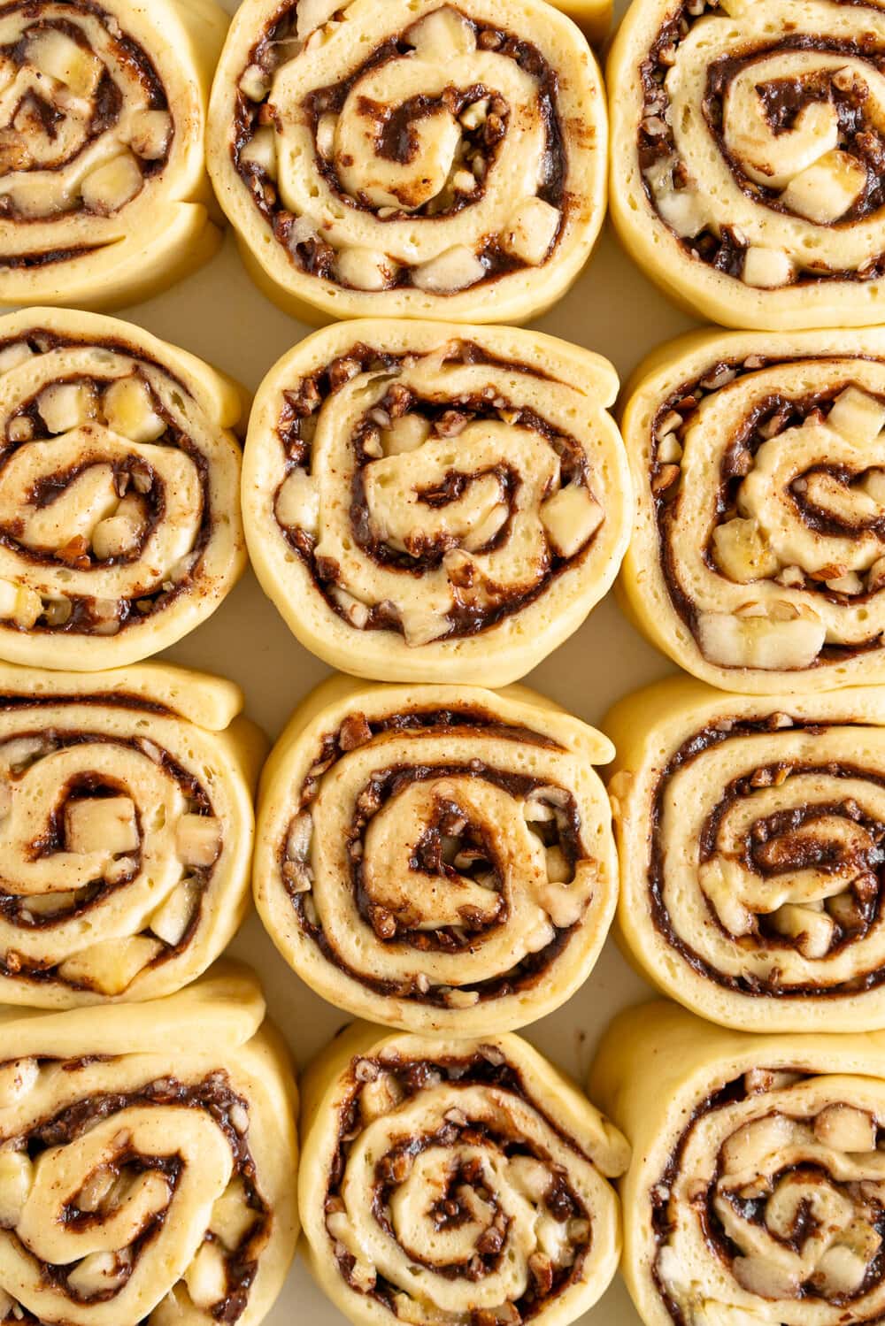 Nutella Banana and Hazelnut Sweet Rolls with Chocolate Cream Cheese Frosting. Soft, fluffy brioche is covered in nutella and bananas and sprinkled with hazelnuts, then rolled up into perfect sweet rolls and finished with a creamy and smooth chocolate cream cheese frosting. These are a great way to use up any extra bananas that you have around!
