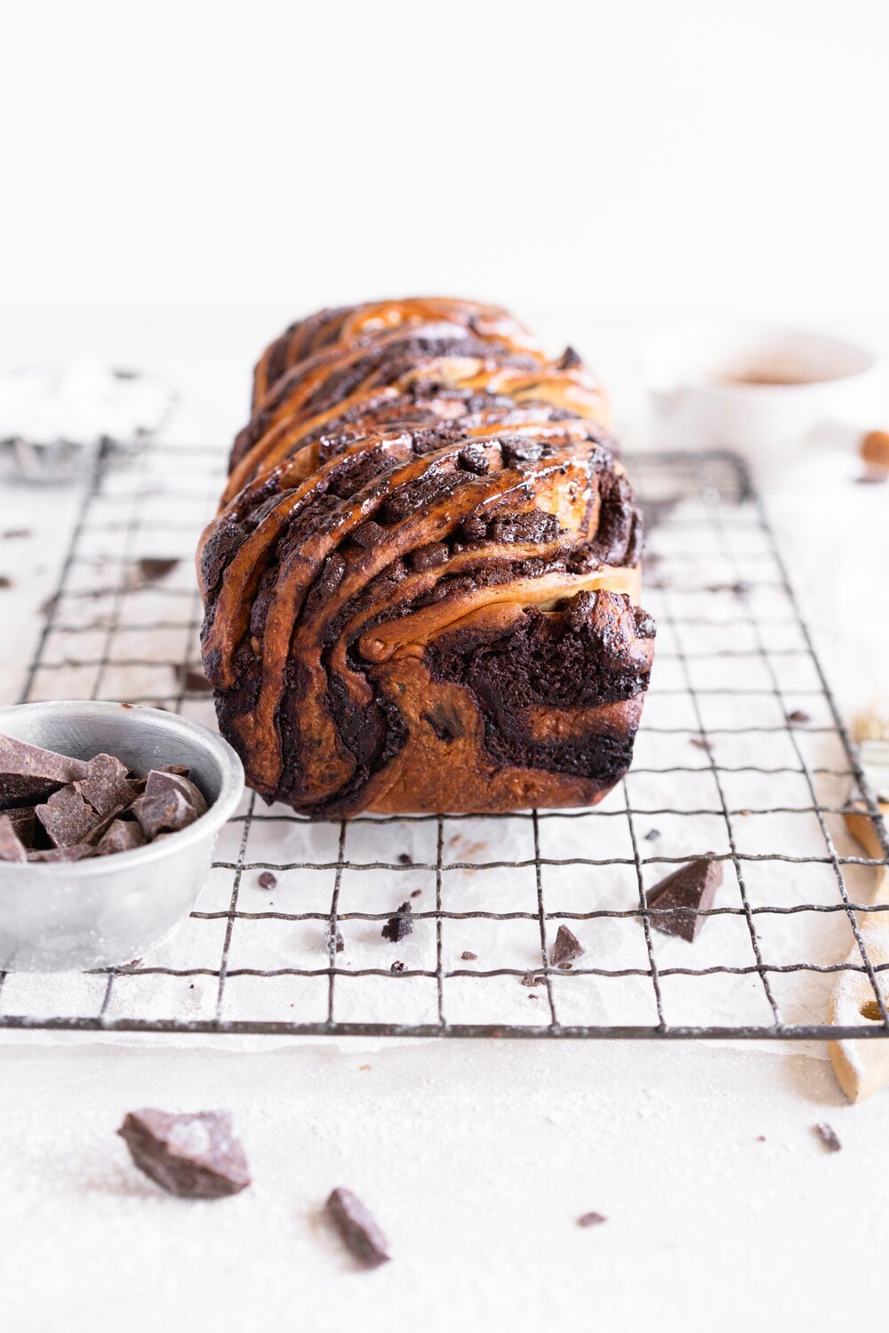 A super easy, rich chocolate and espresso babka made with a rye brioche. The brioche dough is super soft and fluffy, made with rye flour for a toasty finish, and is filled with an espresso chocolate filling and finished with a simple syrup to give it shine and lock in moisture