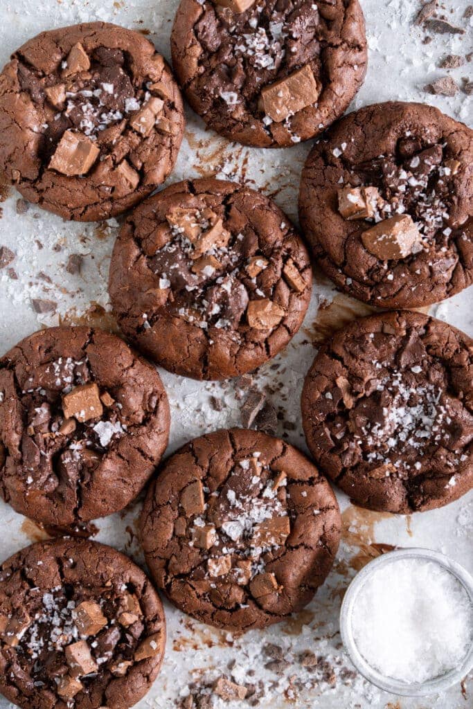 Double chocolate cookies on a sheet pan