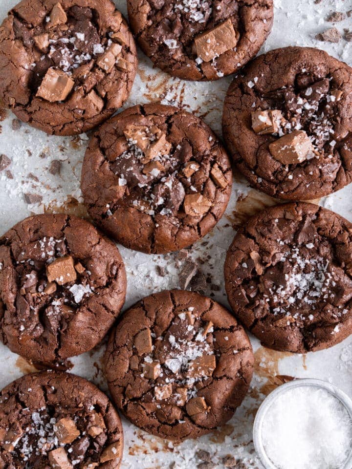 Double chocolate cookies on a sheet pan