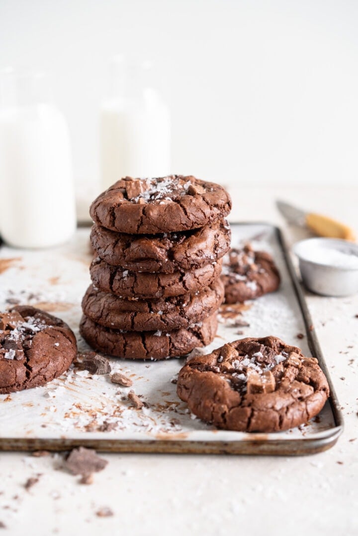 Stack of double chocolate chunk cookies