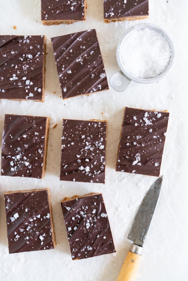 Top down image of Cut slices of caramel slice