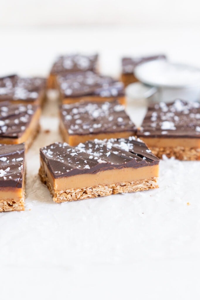 close up shot of slice of caramel slice