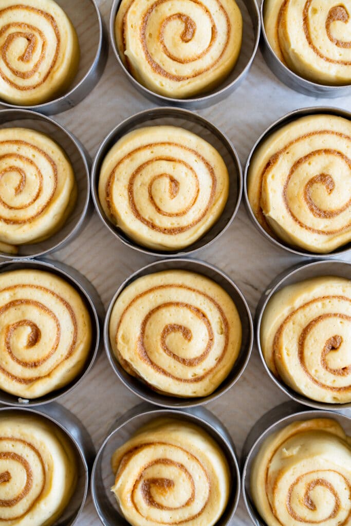 Cinnamon Buns in rings ready to have the apricot compote and streusel added.