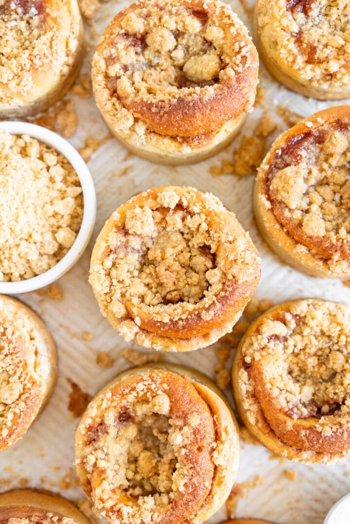 Close up shot of apricot crumb buns with streusel on top