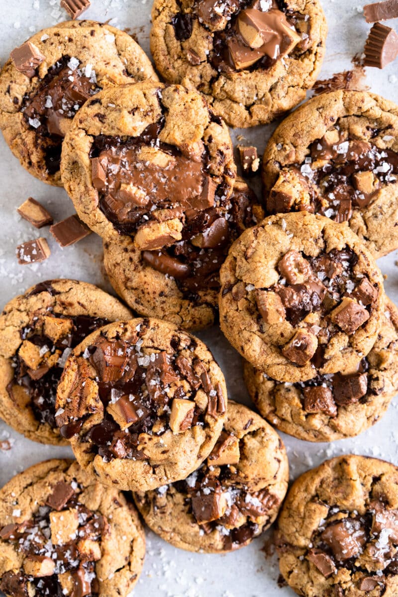 Peanut butter chocolate chip cookies, layered on top of each other.