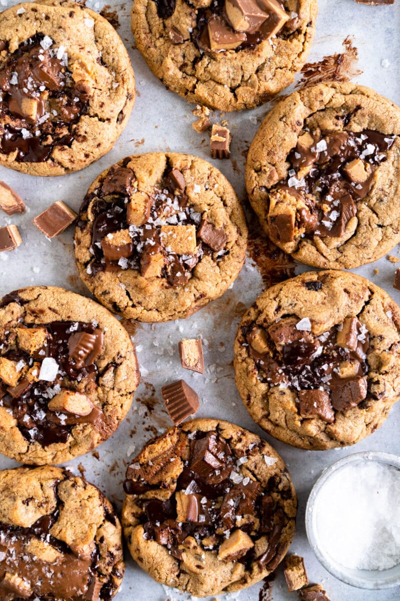 Close up shot of peanut butter cookies on baking sheet.