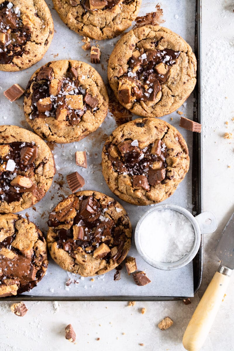 corner shot of peanut butter chocolate chip cookies with salt