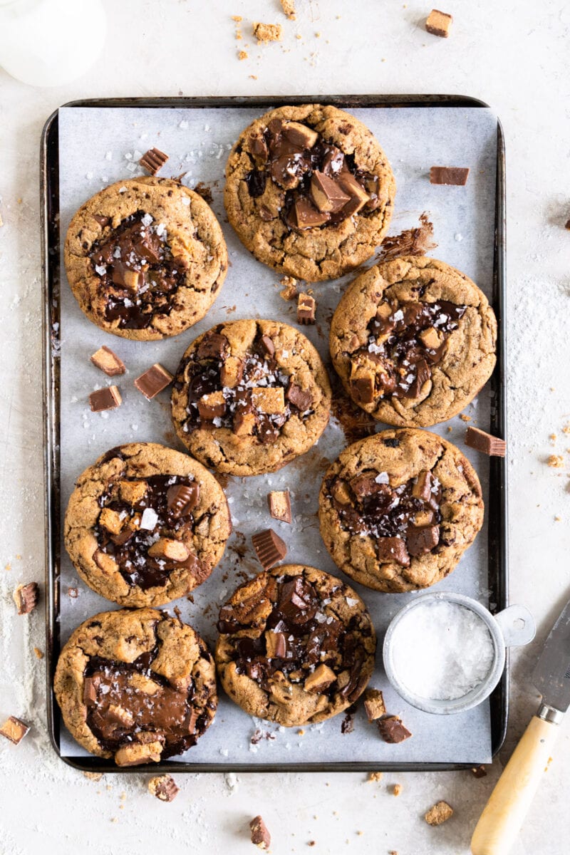 Peanut Butter Chocolate Chip cookies on a tray