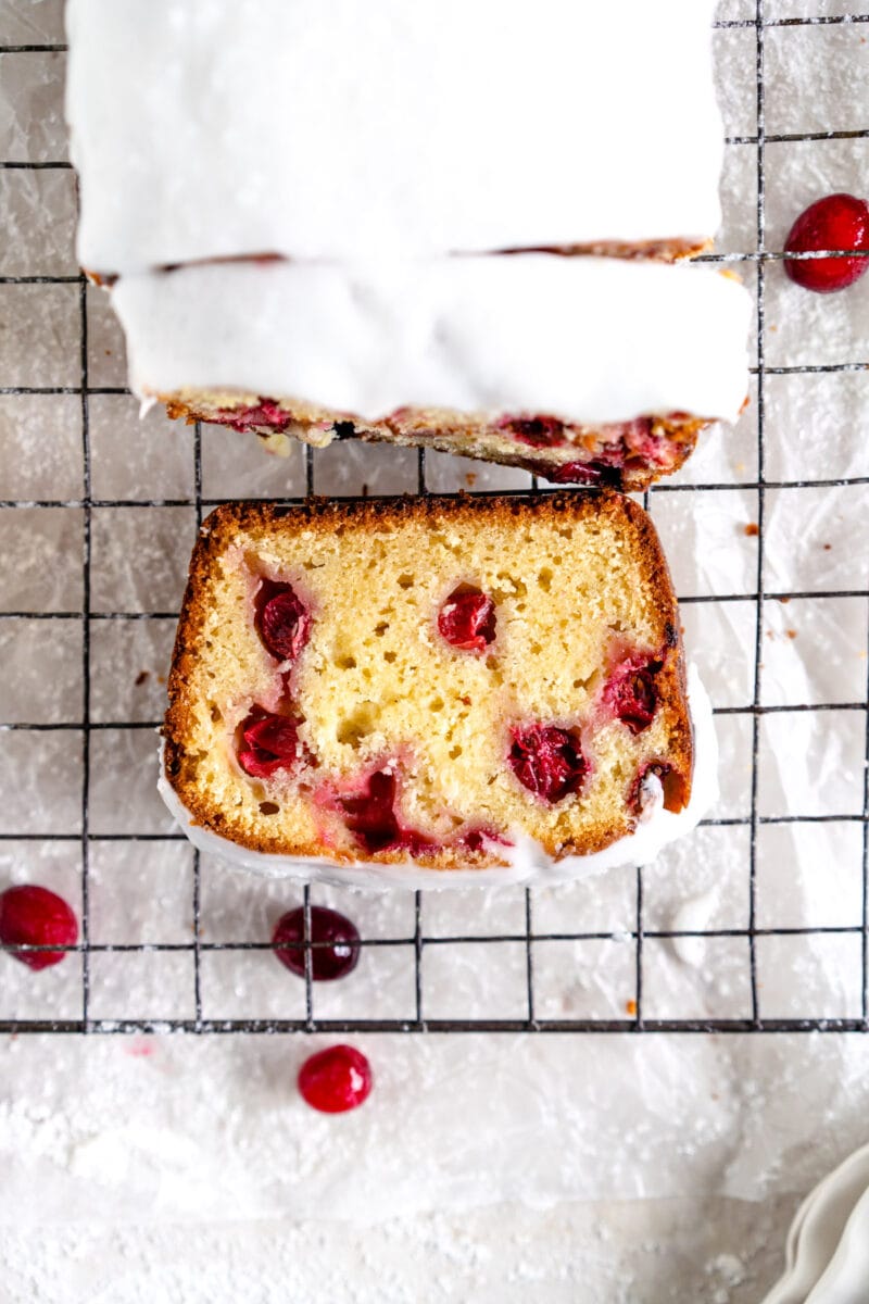 Top down cut shot of Cranberry Olive Oil Loaf Cake.