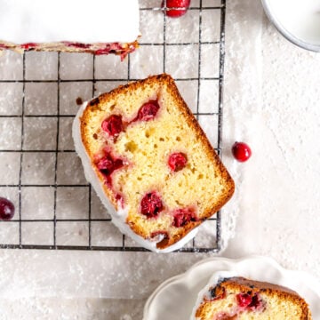 slice shot of cranberry olive oil loaf cake