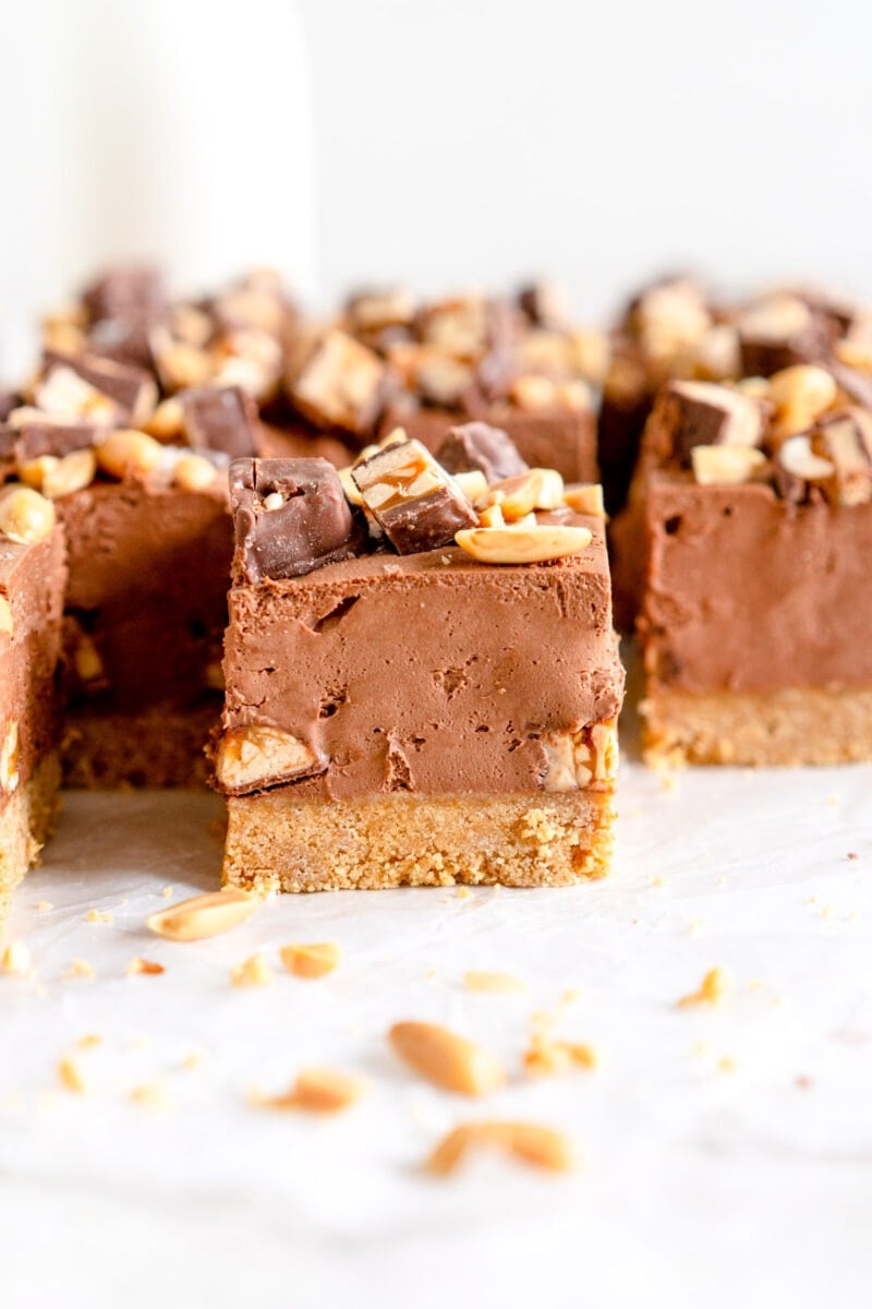 Close up shot of snickers cheesecake