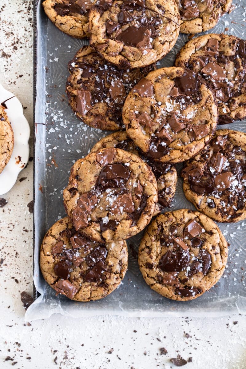corner shot of Olive Oil chocolate chip cookies with chocolate puddles