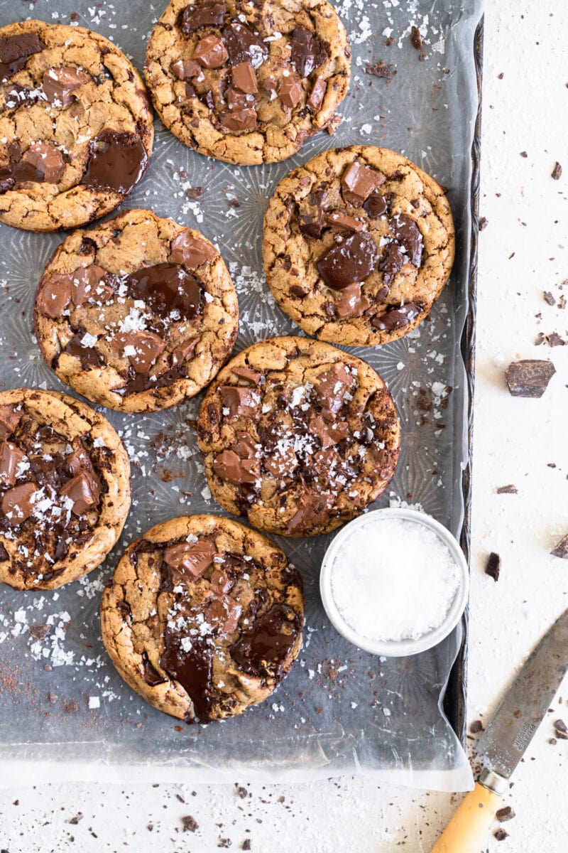 Shot of olive oil chocolate chip cookies on sheet pan
