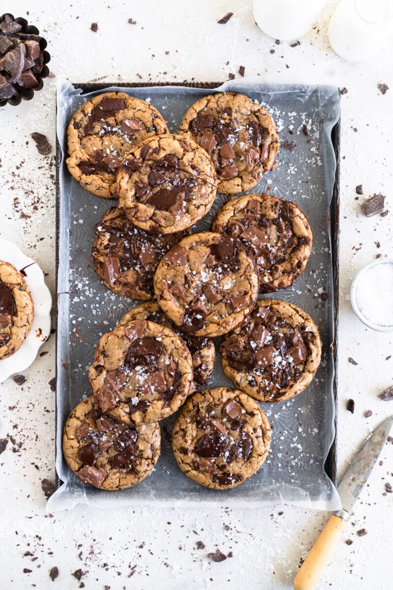 Shot of dairy free chocolate olive oil cookies on a sheet pan
