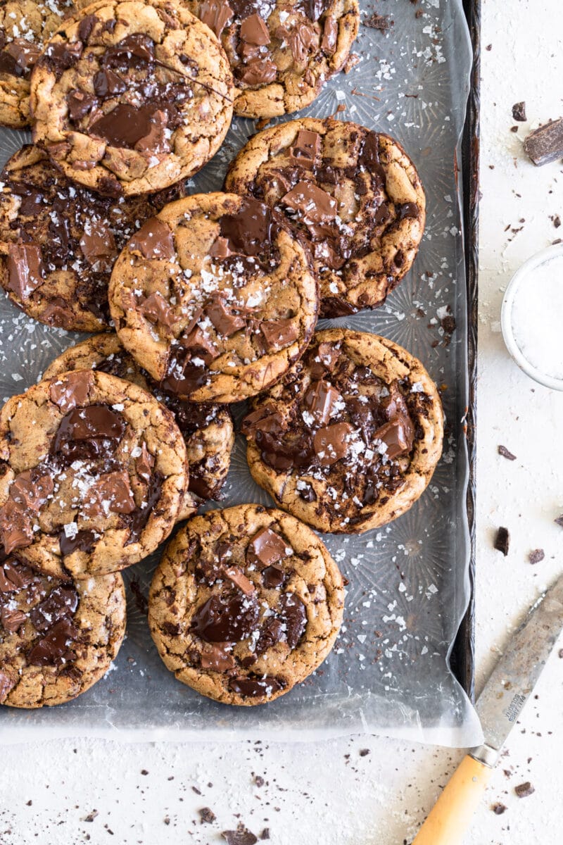 Olive oil chocolate chip cookies on sheet pan