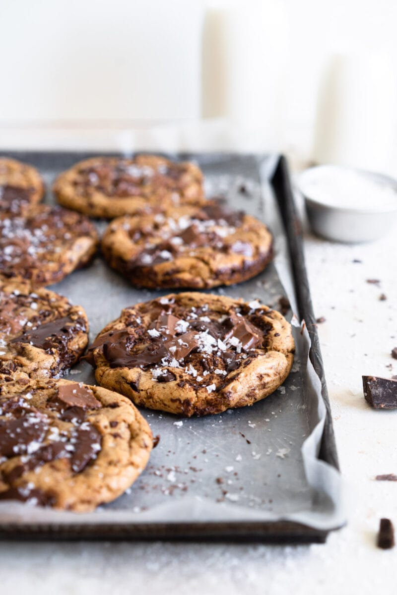angle shot of Small batch olive oil chocolate chip cookies
