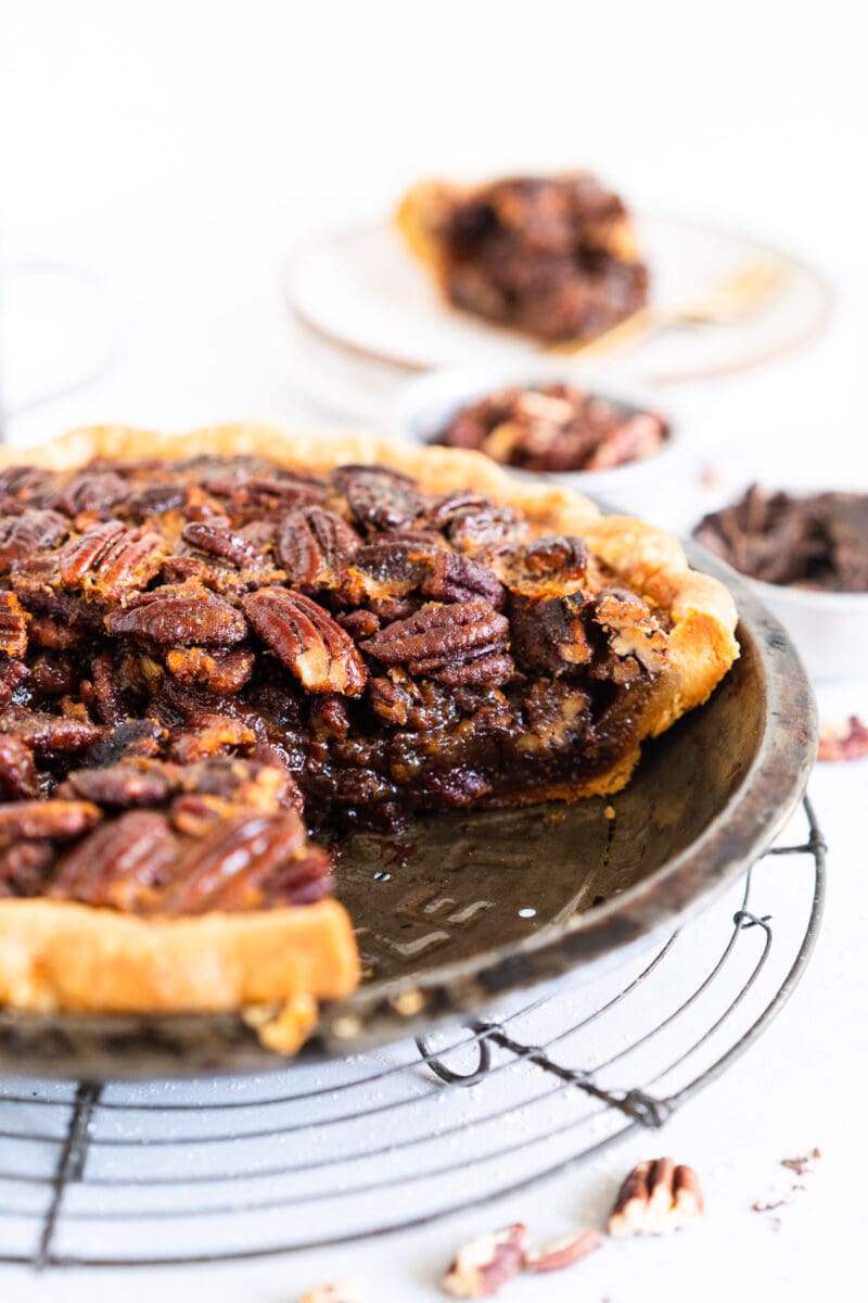 Side on slice shot of pecan pie