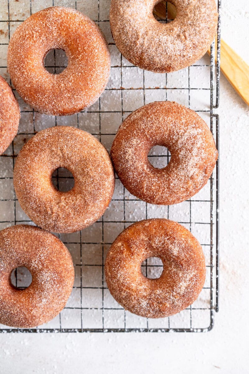 top down shot of doughnuts on wire rack
