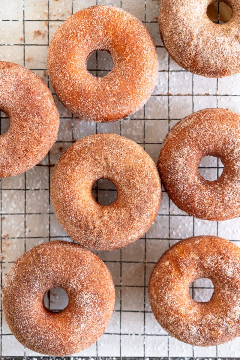 top down shot of doughnuts on a wire rack