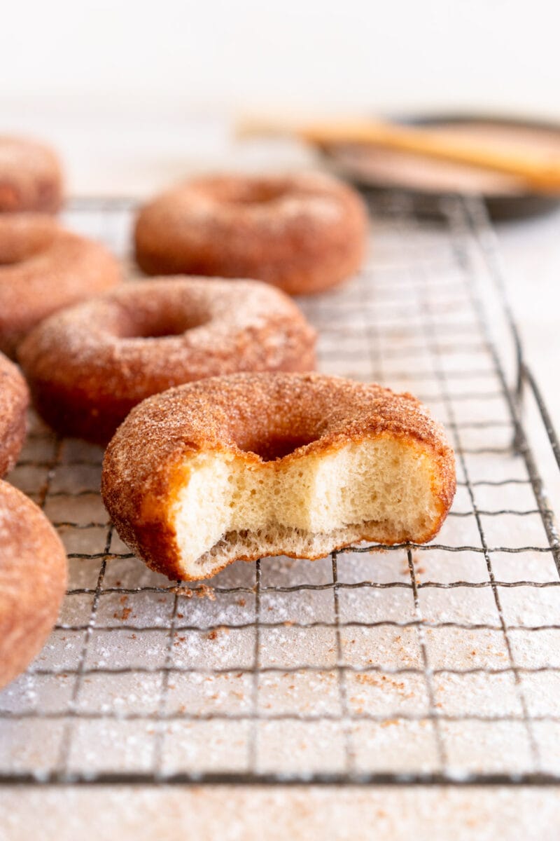 side on close up bite shot cinnamon sugar doughnuts