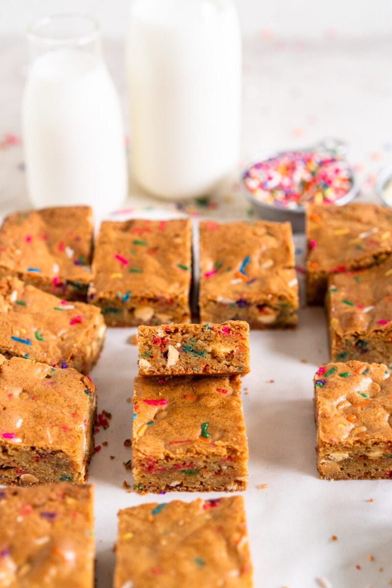 side shot birthday cake blondies