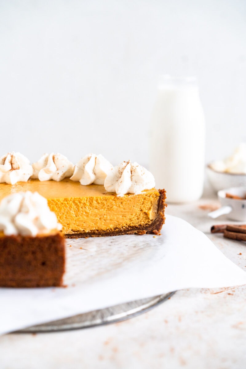 side shot of cheesecake with gingersnap crust