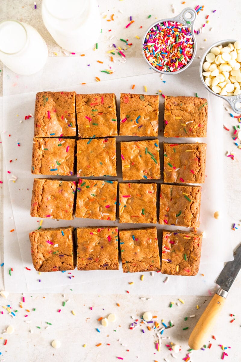 top down shot of birthday cake blondies