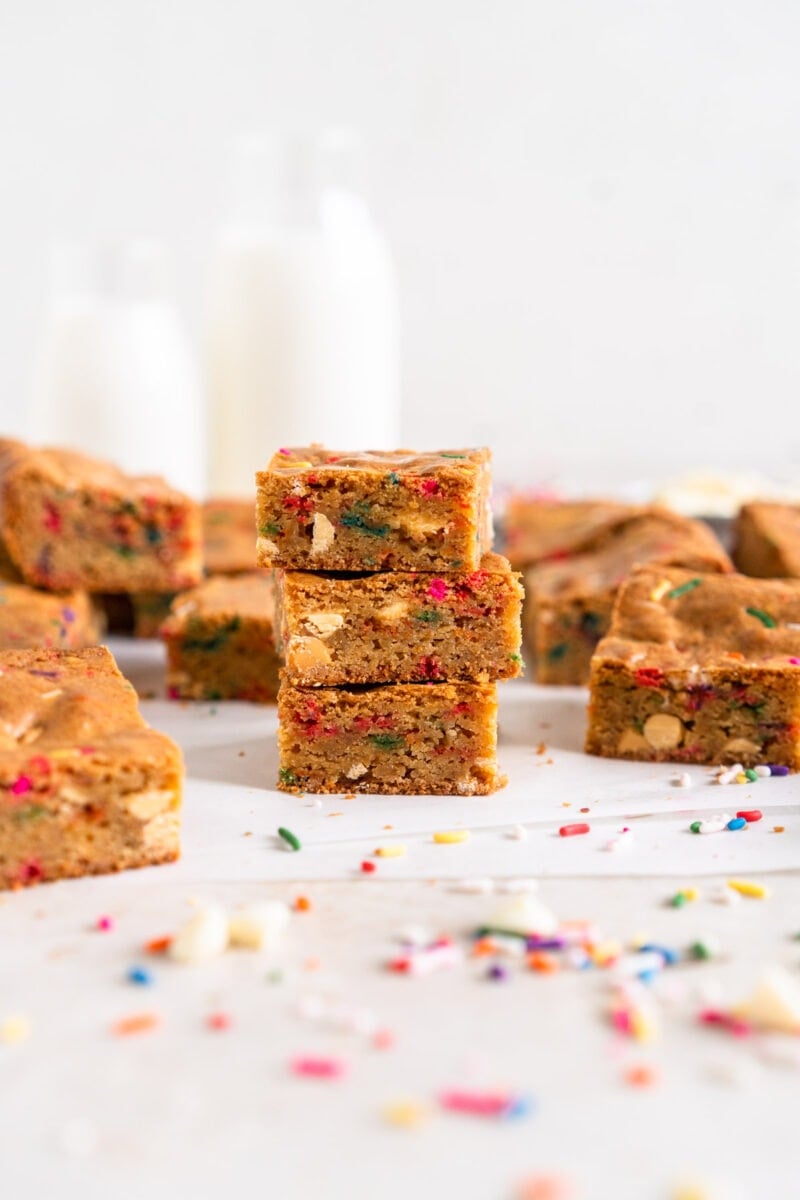 side on stack shot of birthday cake blondies