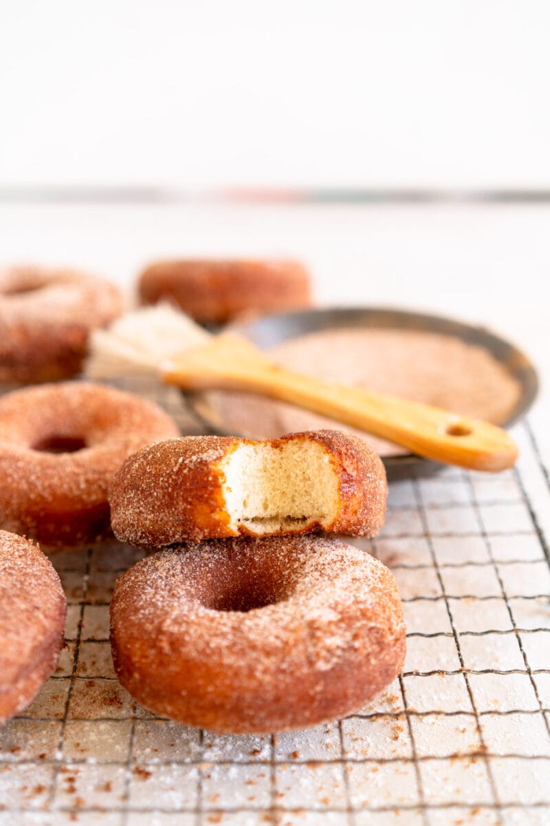 tilted shot of cinnamon sugar doughnut
