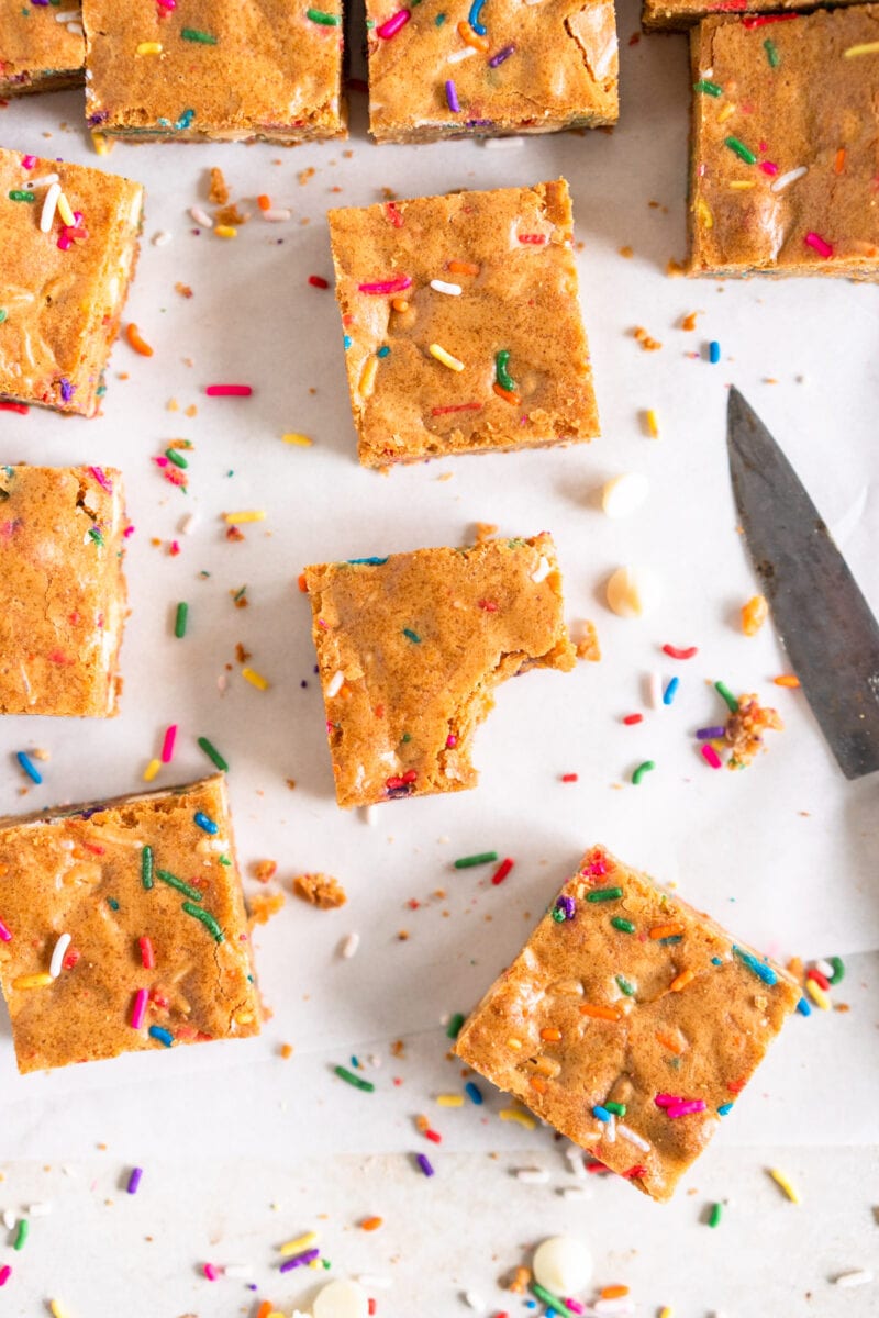 Bite shot of birthday cake blondies