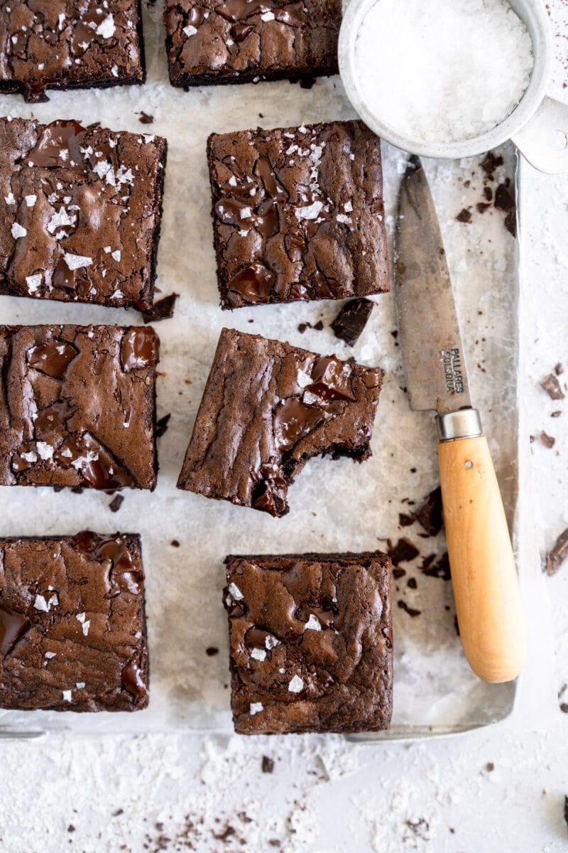 corner shot of small batch brownie with bite taken out