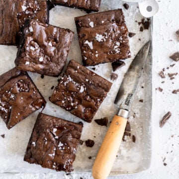 stacked up brownies on tray