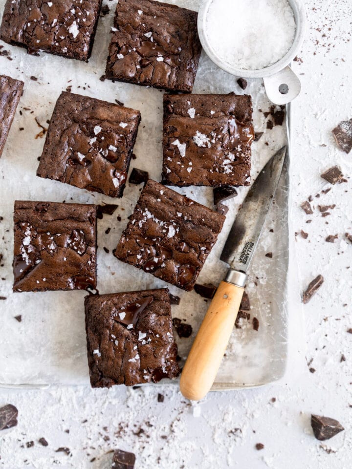 corner shot of brownie slices on pan
