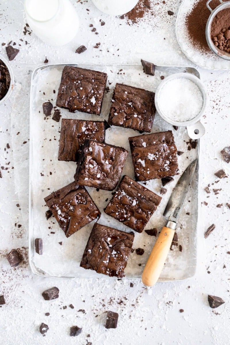 small batch dairy free brownie stacked on tray