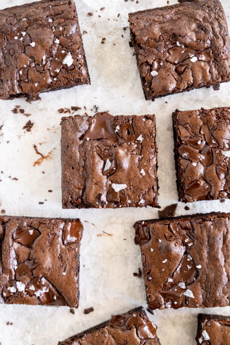 close up shot of dairy free brownie with salt