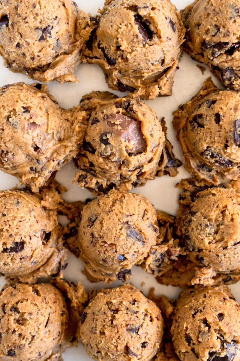 close up of scooped small batch chocolate chip cookies