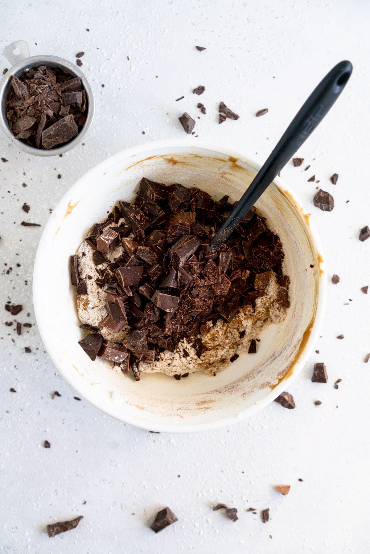 cookie dough in bowl with chocolate