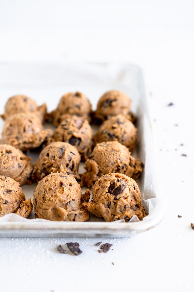 side on shot of cookie dough balls