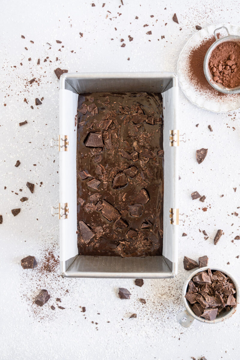 brownie in loaf pan ready to go in the oven.