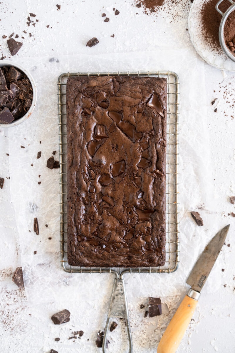 small batch brownie on cooling rack, ready to be sliced