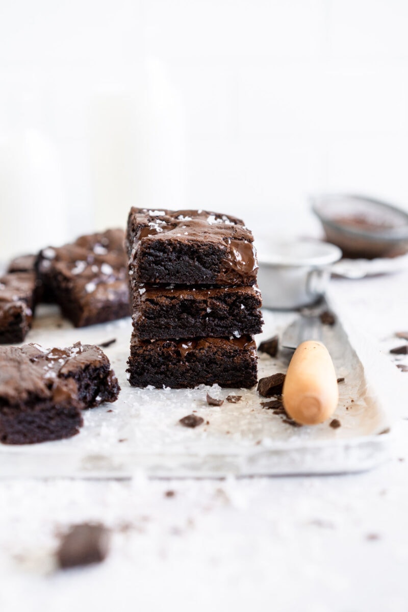 Stack of small batch dairy free brownies