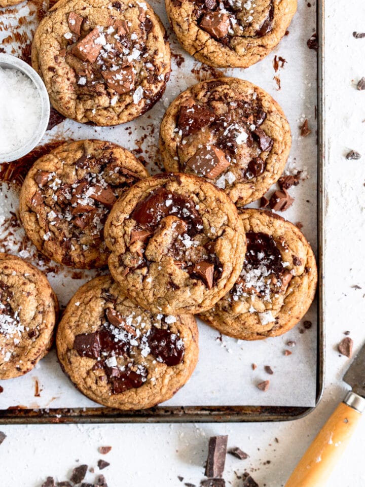 Stacked small batch chocolate chip cookies